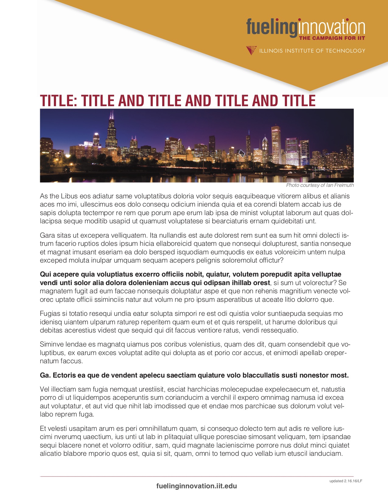 JPEG image of new Illinois Tech one-pager using panoramic picture that recalls web styles, in particular social media banner styles.