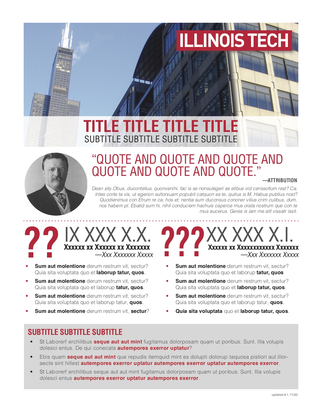 JPEG image of new Illinois Tech one-pager template applied to an appeal, featuring panoramic picture, solid color text box, bullet-pointed text boxes, and dynamic text.