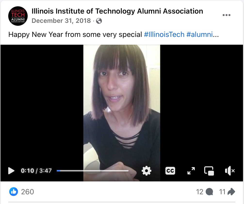 Image of social post presenting video of Illinois Institute of Technology alumni wishing their fellow alumni a Happy New Year.