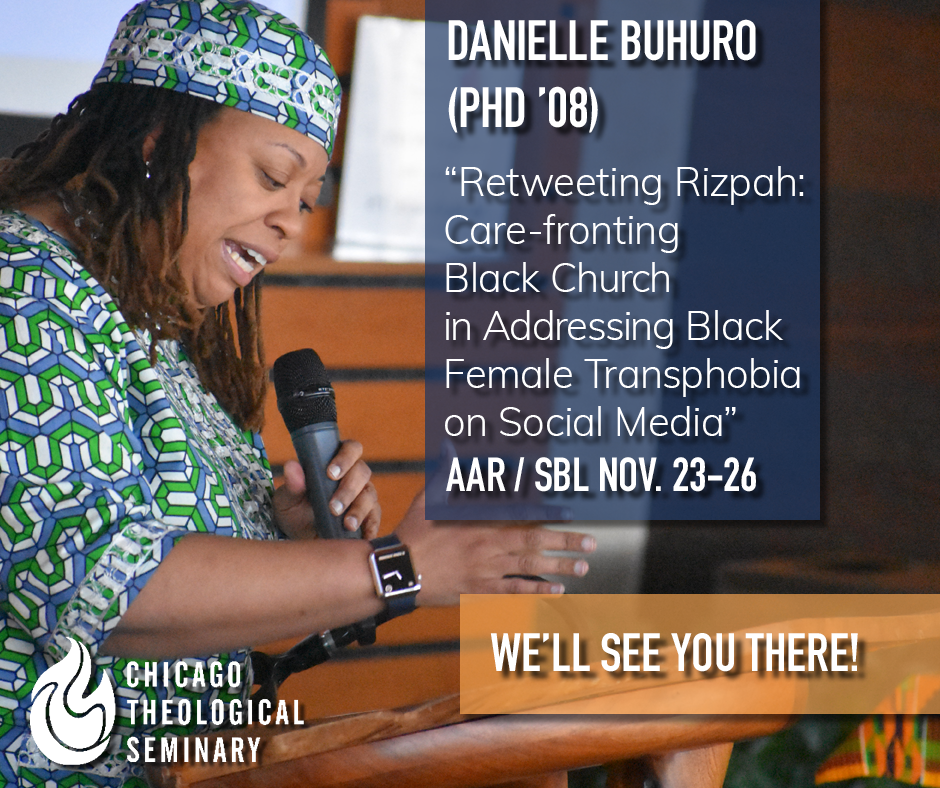 Final slide of Chicago Theological Seminary Facebook slideshow promoting alumna Danielle Buhuro's lecture at the American Academy of Religion / Society of Biblical Literature annual meetings.