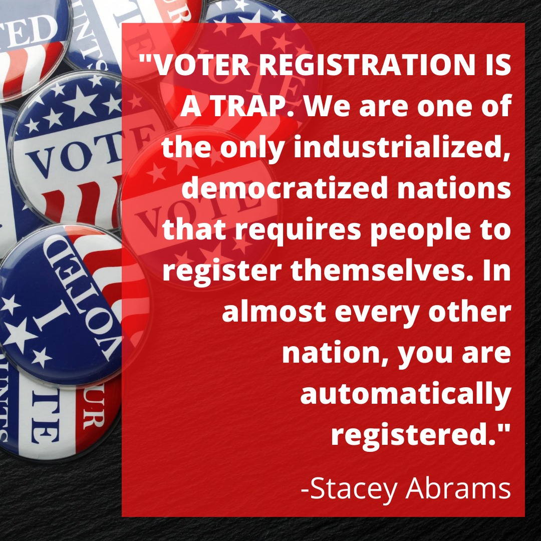 Chicago Theological Seminary Motivation Monday social media post featuring a quote from Stacy Abrams pointing out that the USA is one of the only industrialized democracies where citizens are not automatically registered to vote.
