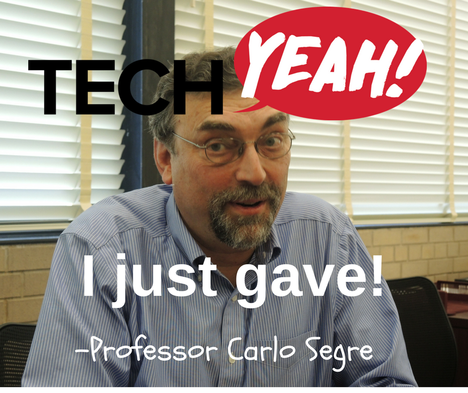 Image of an influencer Facebook social graphic featuring Professor Carlos Segre for Illinois Tech's third Giving Day Campaign in 2017.