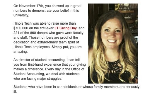 Image of an email for Illinois Tech's first Giving Day Faculty/Staff Campaign in 2015 featuring financial aid staff worker and alumna Jackie Anderson.