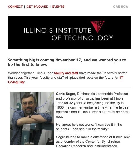 PDF of an email for Illinois Tech's first Giving Day Faculty/Staff Campaign in 2015 featuring Professor Carlos Segre.