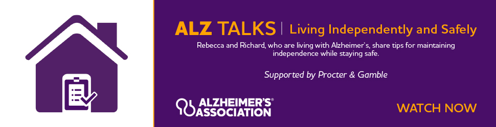 JPEG image of a 970x250 digital ad for ALZ Talks September 2023: Living Independently and Safely.