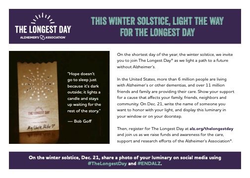Image of a gift/pass-along insert for The Longest Day Winter Solstice Challenge Campaign.