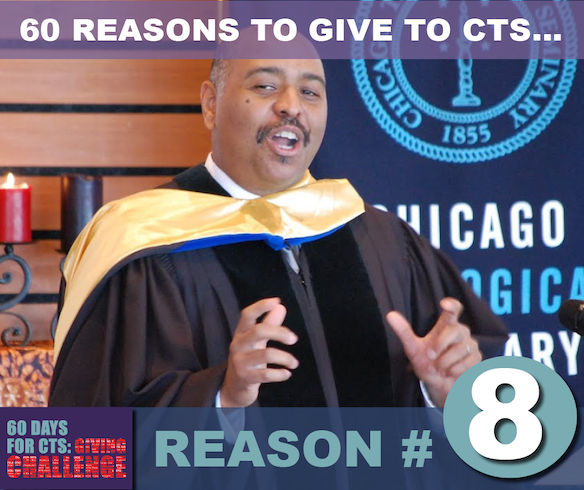 60 Reasons to Give to CTS social graphic showing one of the Seminary's respected faculty members, Christophe Ringer, who studies African American religion and works to help incarcerated people.