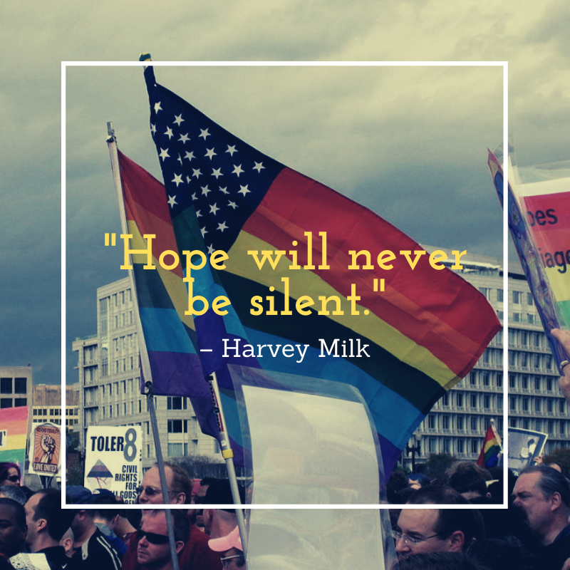 JPEG image of Canva social graphic created for a Chicago Theological Seminary Motivation Monday social post featuring the following quote by Harvey Milk: "Hope will never be silent."
