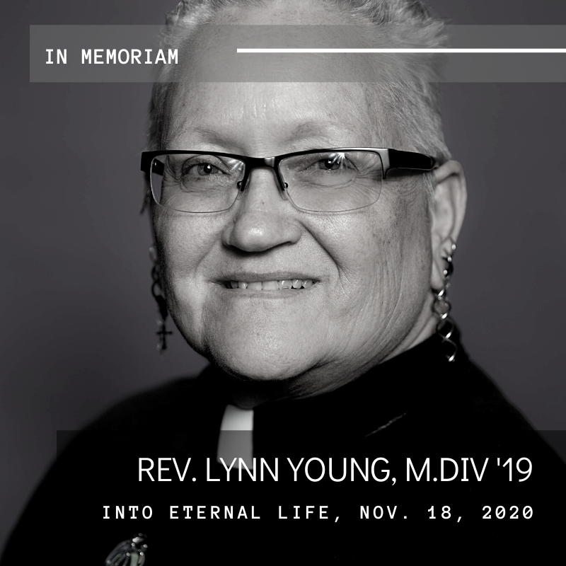 JPEG image of Canva social graphic created for a Chicago Theological Seminary social post remembering late alumna Rev. Lynn Young, who died of COVID-19 while serving her parish.