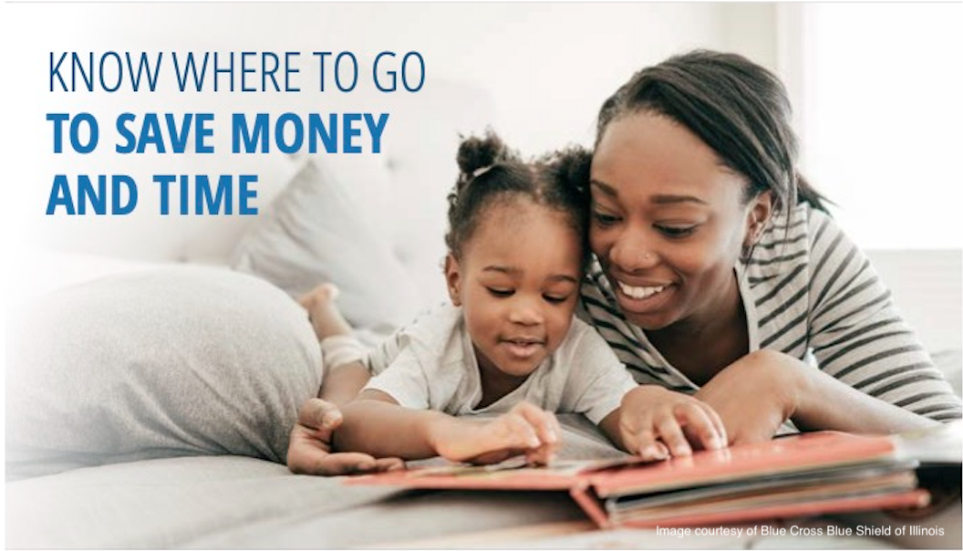 JPEG image showing section of a photograph of an African-American mother and toddler daughter looking at a book, courtesy of Blue Cross Blue Shield of Illinois.