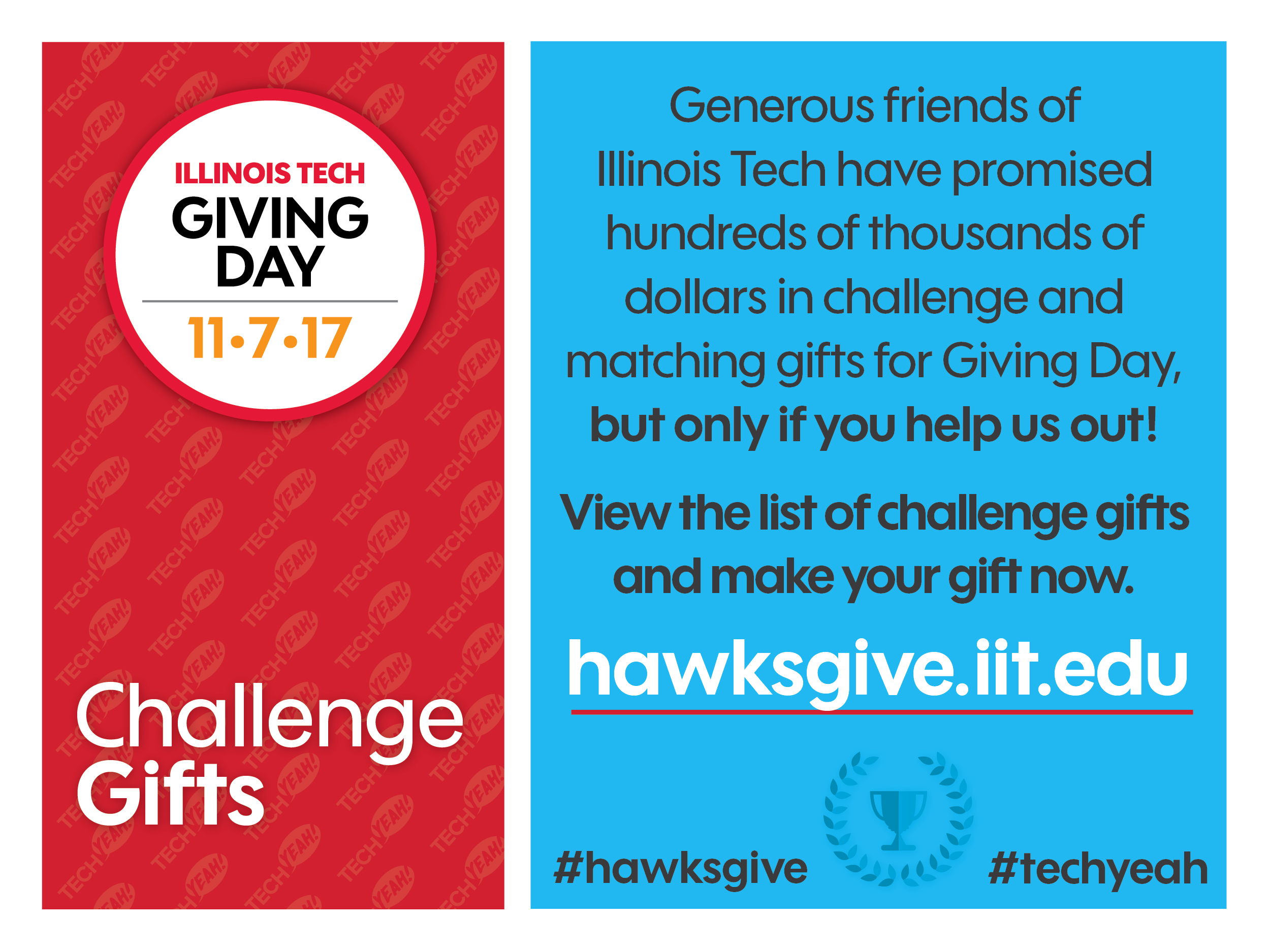 Image of a Facebook social graphic highlighting challenge gifts for Illinois Tech's third Giving Day Campaign in 2017.