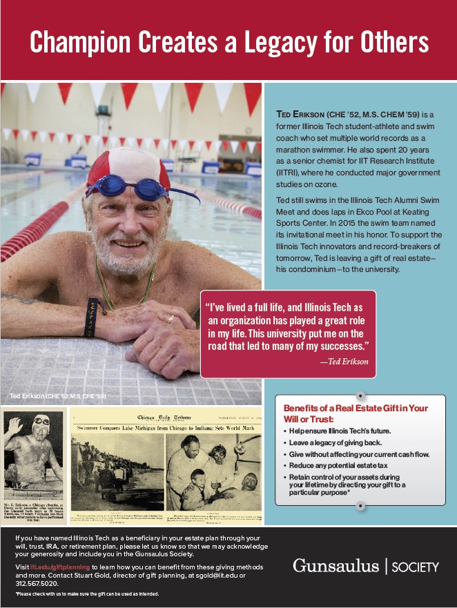 JPEG image of a print ad for Illinois Tech's Gunsaulus Society for planned giving, featuring marathon swimmer Ted Erikson.