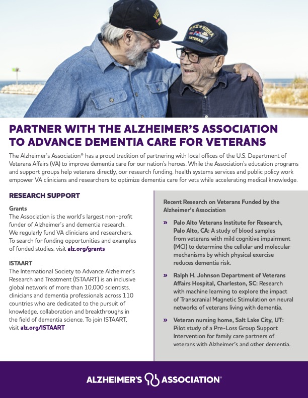 JPEG image of "Partner with the Alzheimer's Association to Advance Dementia Care for Veterans," a one pager for Veterans Administration medical professionals.