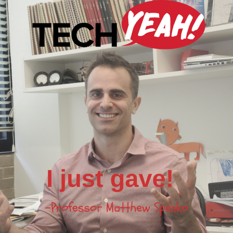 Image of a Facebook influencer social graphic featuring Professor Matthew Spenko for Illinois Tech's third Giving Day Campaign in 2017.