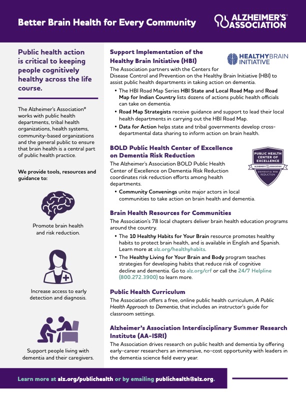 JPEG image of "Better Brain Health for Every Community," an Alzheimer's Association one pager for public health professionals.