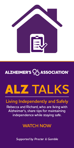 JPEG image of a 300x600 digital ad for ALZ Talks September 2023: Living Independently and Safely.