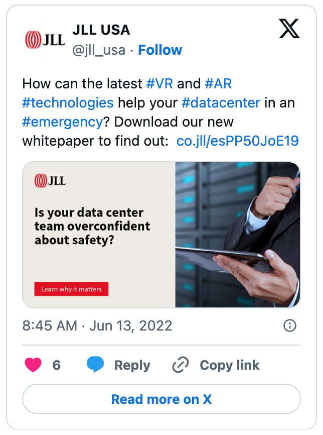 Image of a JLL X post on emergency preparedness for the special Data Centers campaign, June 2022.