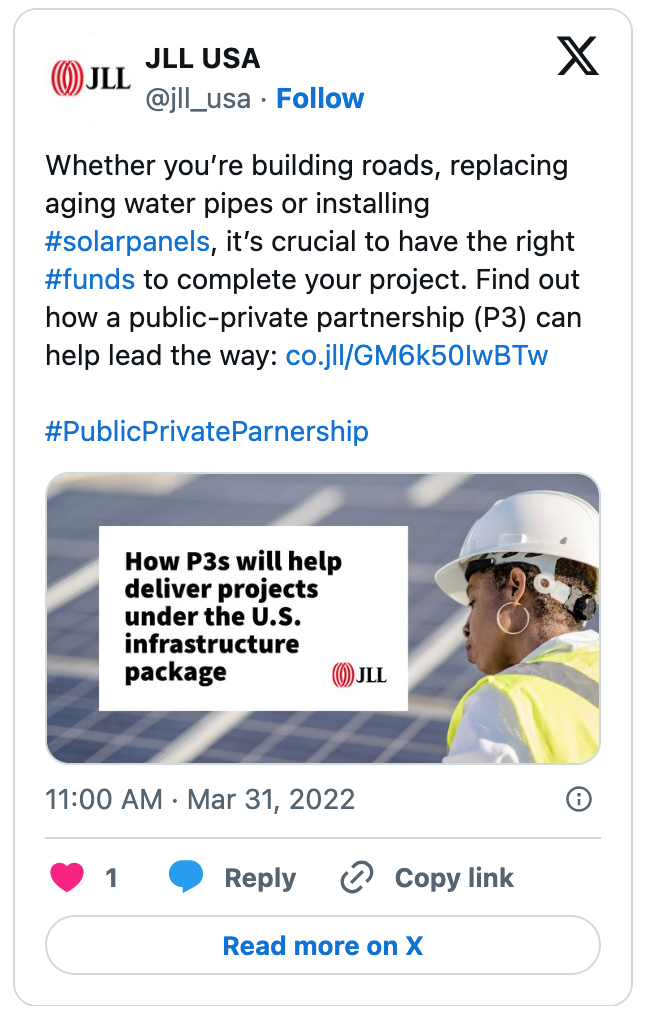 Image of a JLL X post on public-private partnerships for the special Infrastructure Package campaign, March 2022.