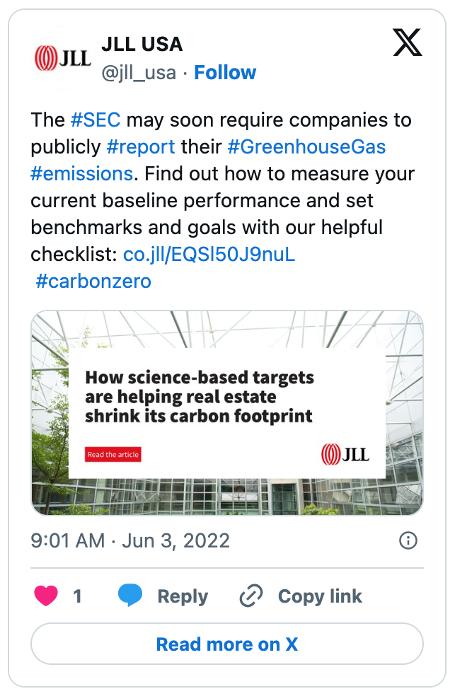 Image of a JLL X post on measuring baseline carbon emissions for the special Sustainability campaign, June 2022.