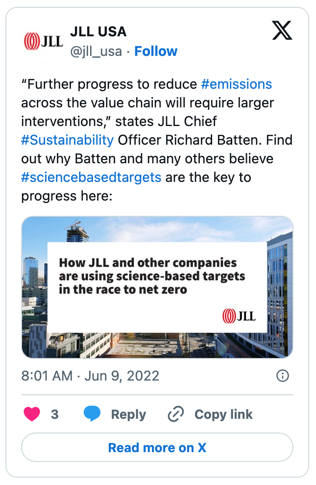 Image of a JLL X post on science-based targets for the special Sustainability campaign, June 2022.