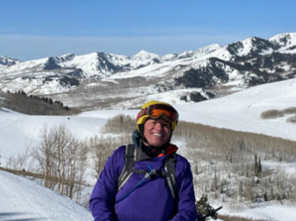 Image of Ken Barfield skiing to raise money for Alzheimer's research to honor his late mother Tomiko.